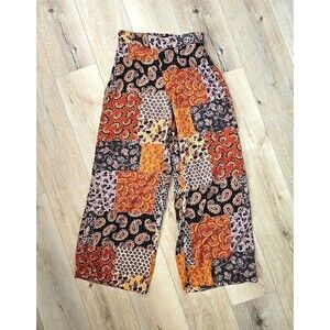 Truth Boho Chic Patchwork Paisley Palazzo Wide Leg Pants Womens Med Orange Brown
